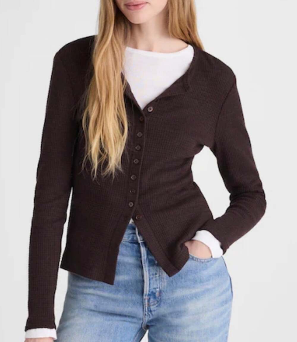 Madewell Waffle-Knit Cutaway Crewneck Cardigan Brown XXS Button Front